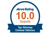 A badge that says avvo rating 1 0. 0 superb for top attorney criminal defense